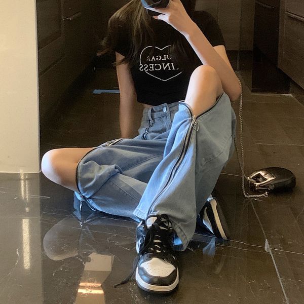

women's jeans high street jeans summer vintage zipper fly wide leg denim pants harajuku high waist loose casual bf baggy trousers fashi, Blue