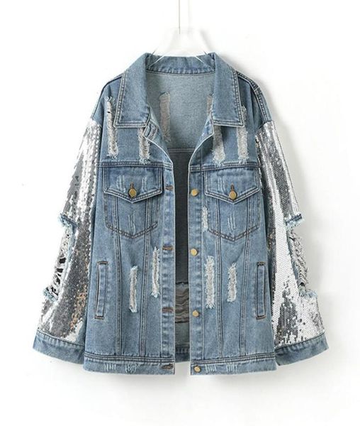 

women039s jackets spring sequins long sleeve denim jacket oversized hole women basic coat fashion loose ladies jeans windbreake2286379, Black;brown