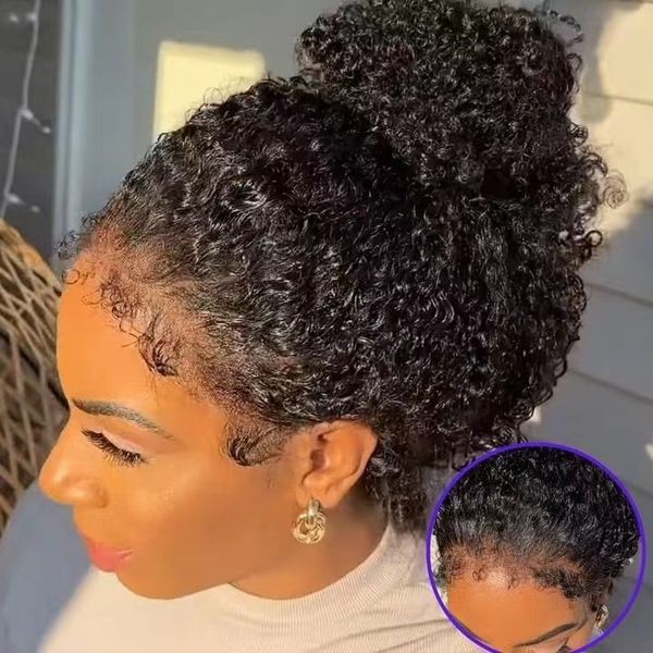 

realistic curly edge natural scalp hairline kinky curly short full lace human hair wig 360 12-24inch pre plucked high ponytail bun hairstyle, Black;brown