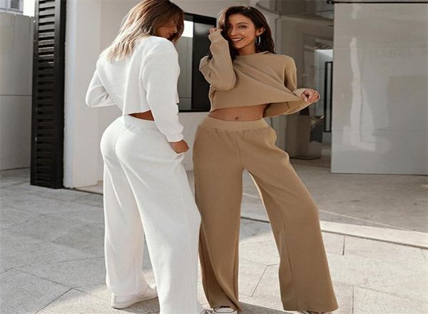 

women039s two piece pants knitted suit sport tracksuit sweatshirts long ladies jogger sweatpants set woman 2 pieces crop ch4037249, White