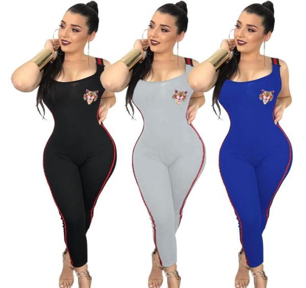

tiger head women designer jumpsuits ribbon scoop neck sleeveless embroidered bandage long jumpsuit yoga playsuit gray blue black1948001, Black;white