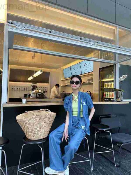 

women's t-shirt designer ce23 summer new fashion letter embroidery pattern lace up bow tie tencel denim shirt+pants qn36, White