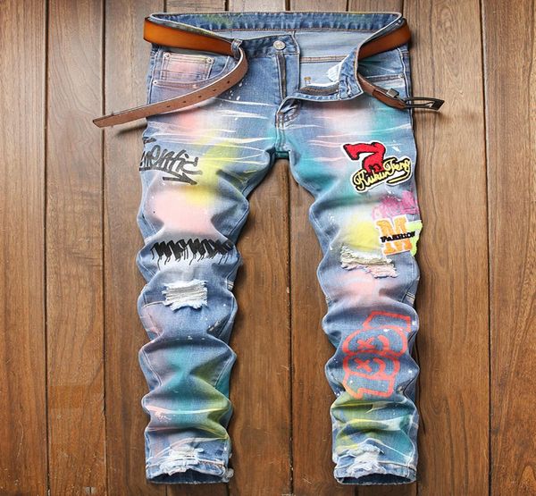 

2021 splattered ink colorful printing ripped patch men039s jeans small straight slim microelastic trendy pants pantalons pour 4878581, Blue