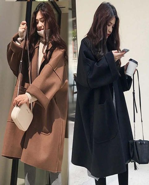 

autumn winter women coat loose profile wool overcoat long large wool women039s korean long sleeve warm coat woolen parka4194763, Black