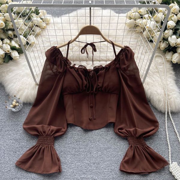 

women's blouses shirts french chic halter blouses femininas bow flare sleeve short dames highstreet blusa mujer casual shirts clothes, White