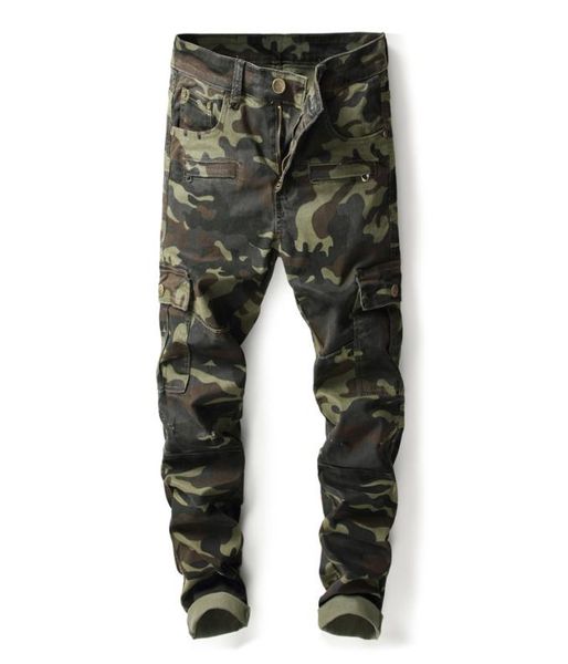 

men039s jeans camouflage army green slim fit multi pocket designer denim trousers for male elastic runway1620426, Blue