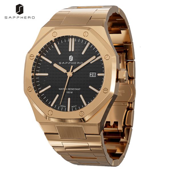 

other watches sapphero mens watch octagon design 100m waterproof luxury quartz rose gold wristwatch for men business date luminous clock 230, Slivery;black