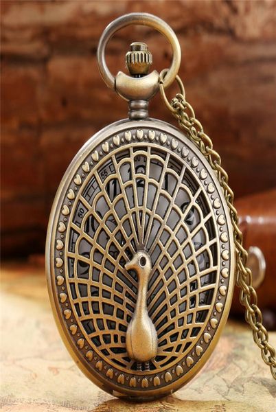 

bronze hollow peacock case watches men women quartz pocket watch analog display with necklace sweater chain gifts montre de poche4280810, Slivery;golden