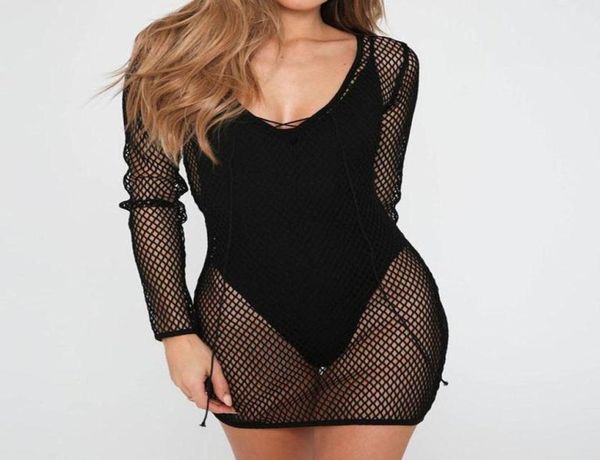 

women039s swimwear women mesh sheer bikini cover up see through long sleeve one piece beach dress summer clubwear party ba6600056, White;black