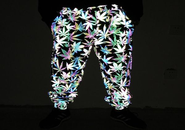 

men039s pants colorful reflective leaf men harajuku cargo pants hip hop reflect light night jogging clothing6291653, Black