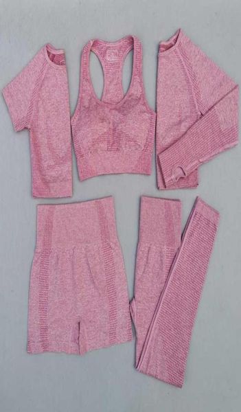 

tracksuits 5pcs women vital seamless yoga set workout sport wear gym clothing short long sleeve crop high waist leggings sport4407502, Gray