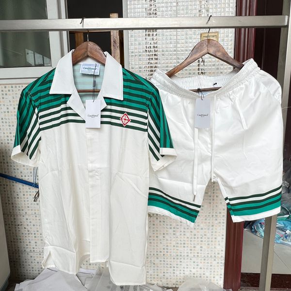 

men's casual shirts men women casablanca shirt suit green striped hawaiian fashion loose short sleeve set real po 230804, White;black