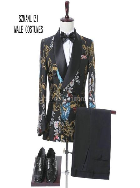 

2018 new elegant brand shawl lapel wedding mens suit flower double breasted wedding suits for men slim fit formal groom wear tuxed6699049, Black;gray