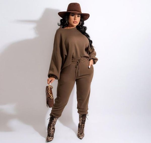 

women039s two piece pants rmsfe 2023 ladies spring and autumn solid color leisure long sleeve round neck fashion loose elastic 5794811, White
