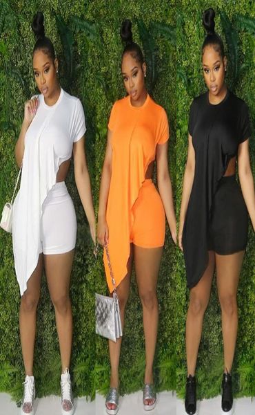 

women casual tracksuits summer outfits plus size solid short sleeve asymmetrical stretchy shorts two 2 piece set7845510, Gray
