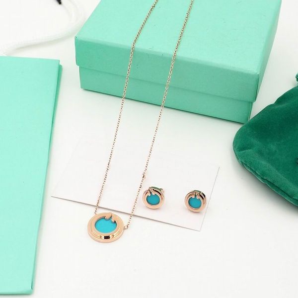 

2023 lovely cute long rose gold thin stainless steel chain blue crystal round plate design women necklace earrings suit with dust bag and bo, Black