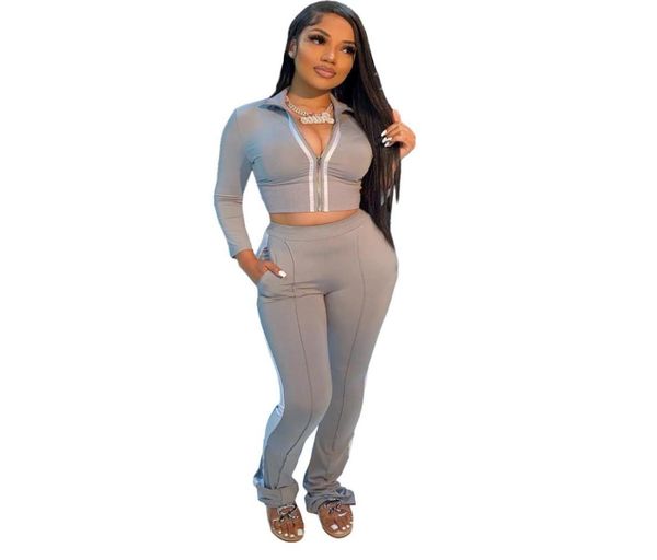 

fitness stacked leggings two pieces set women tracksuit long sleeve crop sweatshirt pockets stacked pants joggers outfits 20107310018, White