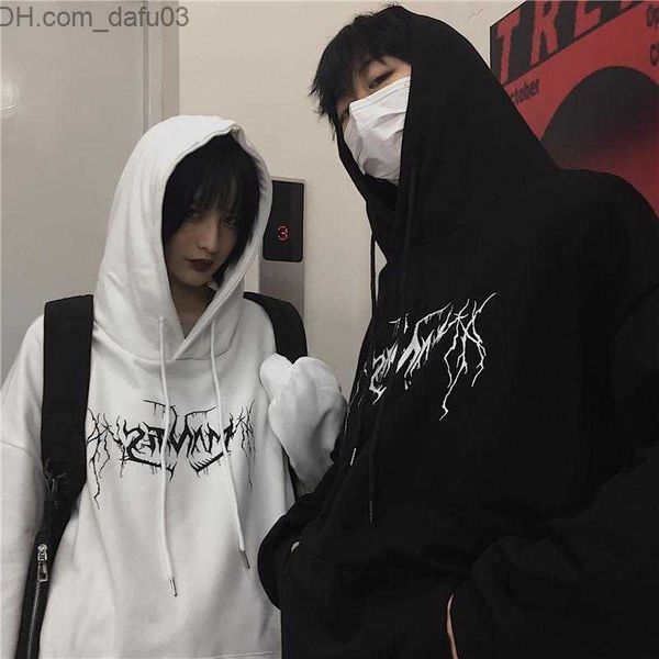 

men's hoodies sweatshirts new hong kong style autumn and winter lighting prints loose ruffled drawstring sweaters men's and women&, Black