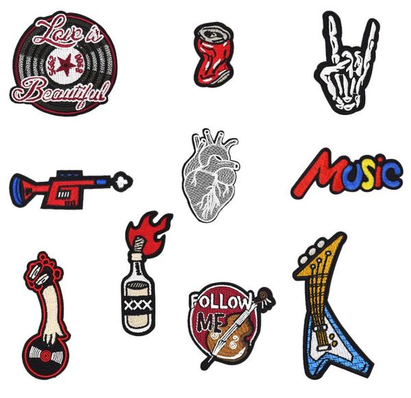 

10 pcs cool embroidered rock and roll patch badge for punk clothing ironing applique men jacket stripe sewing embroidered patches 7147272, Black