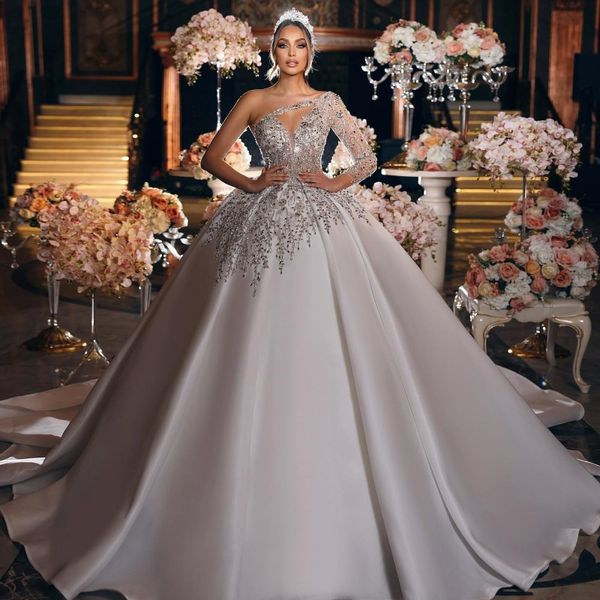 

luxury ball gown princess wedding dresses one shoulder long sleeve vestido de novia lace beaded cathedral train robe de mariee, White
