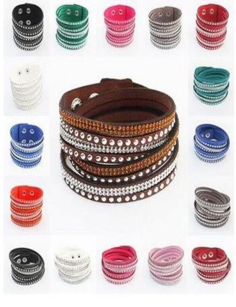 

whole rhinestone bling double leather wristband fashion slake deluxe multi color crystal wrap bracelets for women2381186, Black