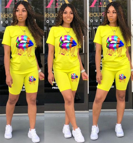 

womens suits plus size two piece set women summer tracksuit lounge wear outfits short sleeve lip print iker shorts sweat suit3539304, White