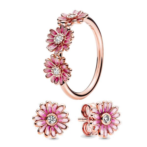 

pink daisy flower trio ring stud earrings set for pandora 18k rose gold designer rings for women girls crystal diamond luxury jewelry set ea, Silver