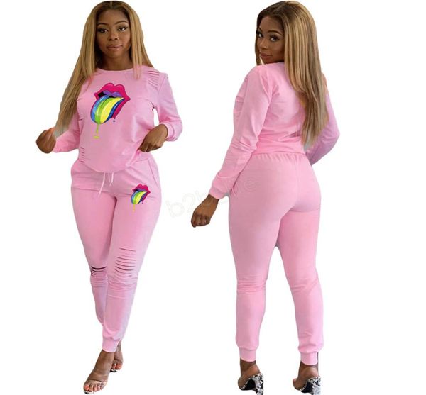 

women big lip tracksuit hoodie long sleeve pullover holes pants trousers two pieces outfits set casual sport suit ljja27637764819, Gray