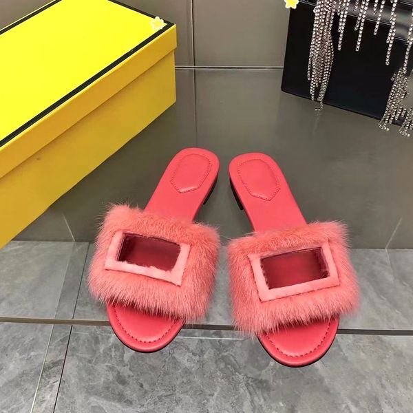 

signature mink hair slippers sandals teddy bear slipper fashion designer shoes open toe slide sandal casual wedges shoe womens leather indoo, Black