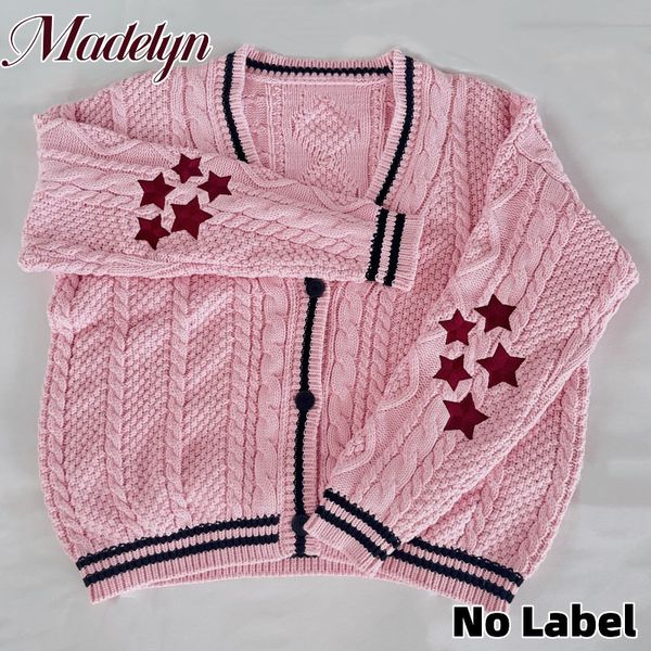

women's knits tees autumn winter limited edition cardigan pink knitted sweater with star embroidered women cardigans tay warm lor v-nec, White