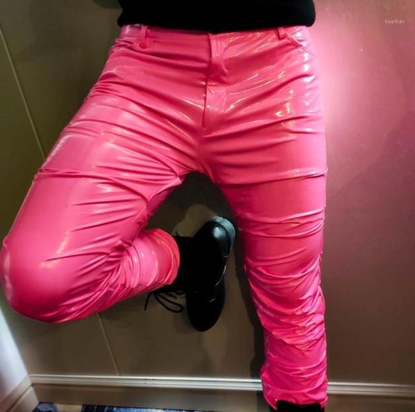

men039s pants color men costumes pu pant erkek pantolon fashion pleated trousers nightclub streetwear shinny leather pantm8460537, Black