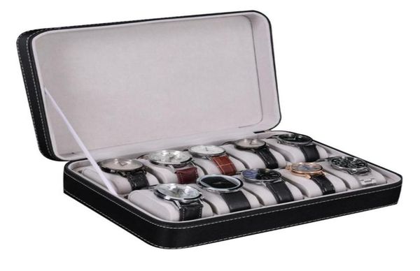 

10 slot watch box storage boxes display case jewelry organizer with 10 removable watch pillow velvet lining zipper closure synthet9733180, Black;blue