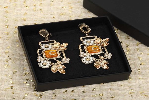 

2023 luxury quality charm drop earring with diamond and crystal flower design pendant necklace have box stamp ps7435a2574957, Golden