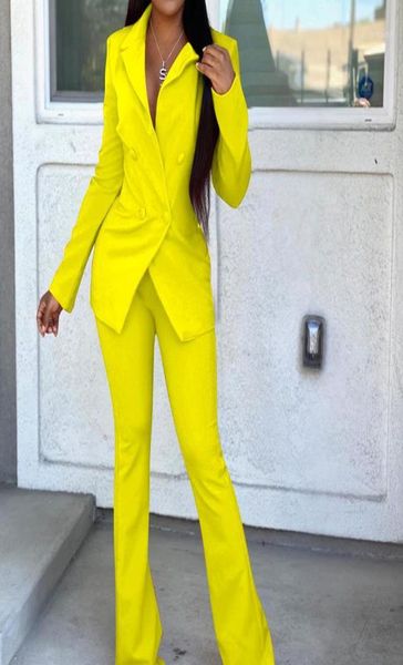 

office ladies women039s pantsuit red pink casual doublebreasted buttons blazer flare pants set two piece formal suits17147666, Gray