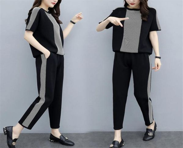 

2 piece set women tracksuits sweatsuit oneck short sleeve sweatshirtpants sporting suit female sportswear outfit t2010305048611, Gray