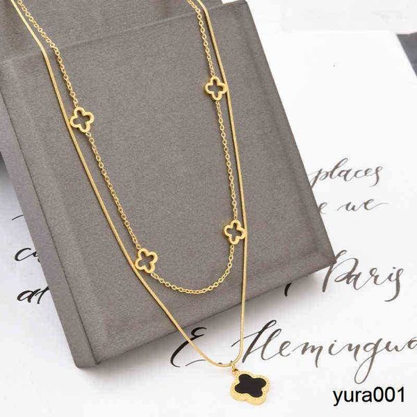 

pendant necklaces double layered clover pendant necklace 18k gold stainless steel necklaces jewelry for women gift, Silver