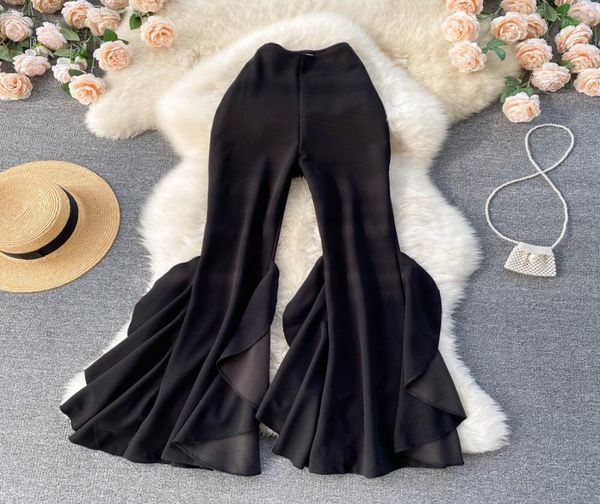 

women flare pants high waist wide ruffle leg wave lotus leaf pants bell bottoms trousers6629341, Black;white