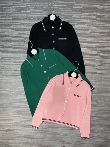 

fashion stripes line front pockets patchwork lapel short sleeve sweet knitted sweater women's button pullover knit, White;black