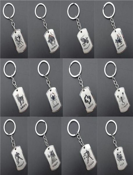 

stainless steel astrology zodiac sign dog tag keychain constellation horoscopes keyrings birthday gift key chain 12 pieceslot ass3100892, Slivery;golden