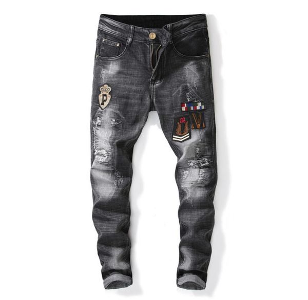 

2019 mens badge rips stretch black rock revival jeans fashion designer slim fit washed motocycle denim pants panelled hip hop trou5540017, Blue