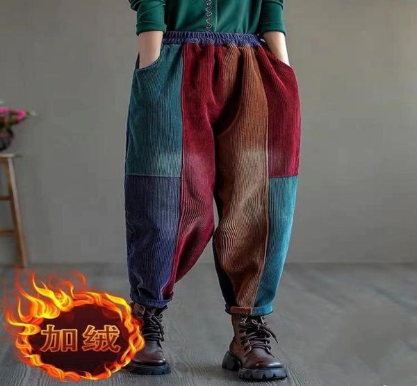 

women039s pants capris women corduroy autumn winter 21 high street style color spliced loose female fleece thick harem trouse7032681, Black;white