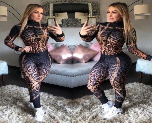 

women sport clothes tracksuits fall zip pattern printed woman two pieces set elegant long sleeves and bodycon pants outfi8243528, Gray