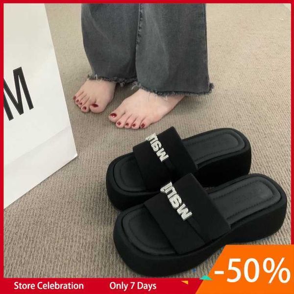 

poe heel black letter water diamond cool slippers for women 2023 summer new casual matsuke thick sole elevated women's shoes