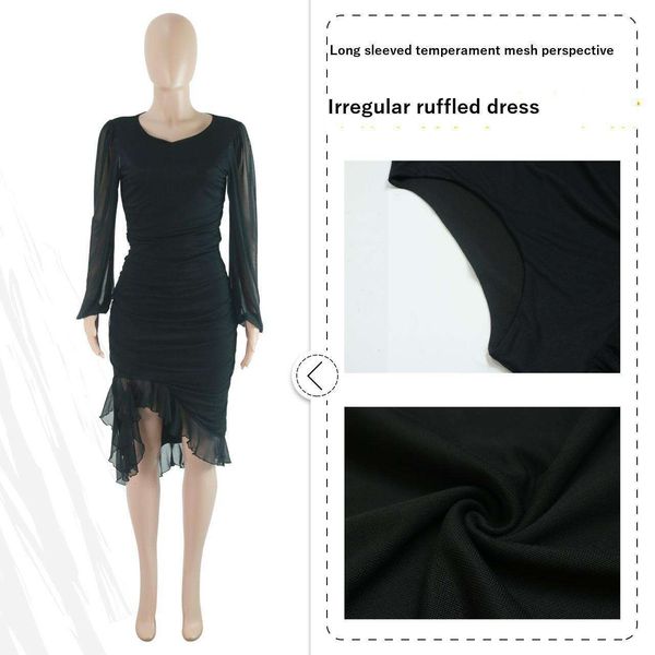

item title womens clothing long sleeve temperament mesh perspective irregular ruffled dress, Black;gray