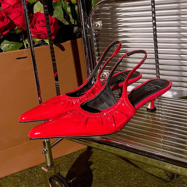 

dress shoes vintage red patent leather women slingback pumps pointed toe shallow prom party sandalias black kitten heels summer sandals 2308
