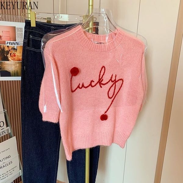 

women's sweaters spring summer sweet pink letters knitted short sleeve sweaters women pullovers korean chic basic knitwear jumpers 230, White;black