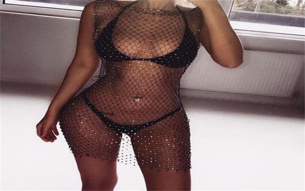 

women039s swimwear summer bikini crystal coverups fishnet mesh hollow out cover up women ladies beach dress for holiday v3311571, White;black