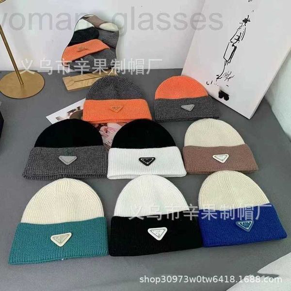

ball caps designer p family triangular knitted wool hat for women in autumn and winter, street color matching short trendy men, net red warm, Blue;gray