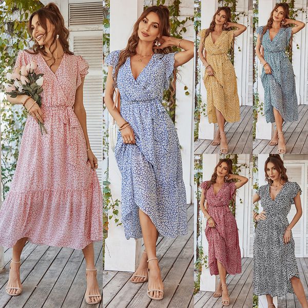 

urban dresse short sleeve boho printed floral loose dress for summer v neck belt 230804, White;black