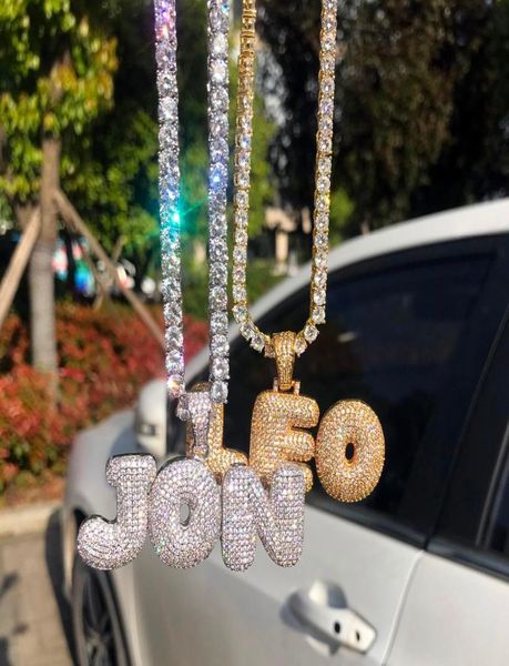 

az 09 hip hop custom name bubble letter pendant necklace micro cubic zircon with rope chain and tennis chian b067017124, Silver